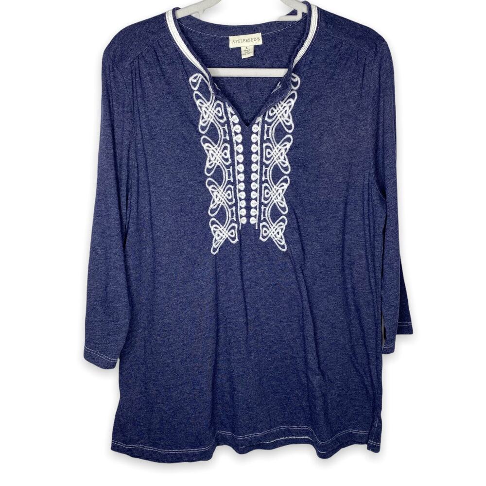 Appleseed's Embroidery Blue Tunic Dress Shirt Large
